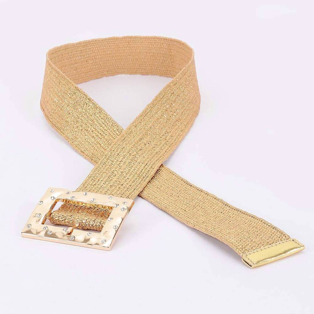 NEW 3AM BY H&D ACCESSORIES women's rhinestone square buckle straw stretch belt i